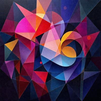 The primary subject of the image is a colorful, geometric artwork featuring a mix of red, blue, and yellow colors. The setting is a black background, which contrasts with the vibrant colors of the artwork. The visual style appears to be a combination of digital art and illustration, creating a unique and eye-catching design. The overall atmosphere of the image is lively and energetic, thanks to the bold colors and intricate patterns.